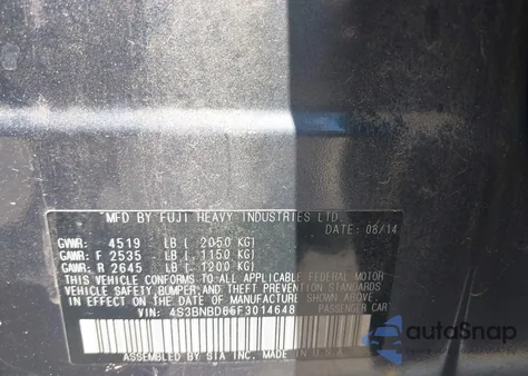 2015 Subaru Legacy 2.5I Premium from USA, damaged, VIN 4S3BNBD65F3014648